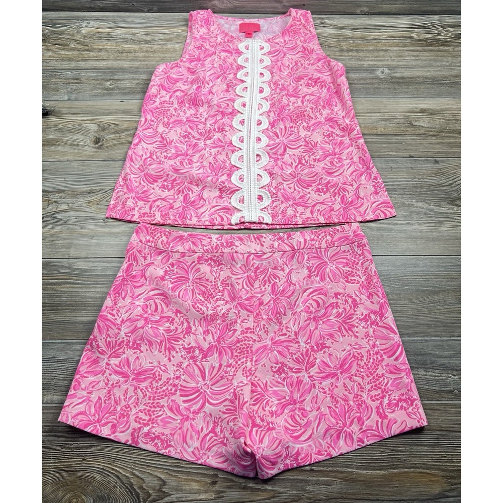 Lilly‎ Pulitzer 10 Pink Blossom FOXY LLAMA FOLA SET Sleeveless Top & Shorts Golf